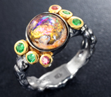 Серебряное кольцо с мексиканским jelly опалом, цаворитами и сапфирами Серебро 925