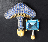 Серебряная брошь «Грибочки» с голубым топазом и синими сапфирами Серебро 925