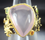 Серебряное кольцо с розовым кварцем, перидотами и цитринами Серебро 925