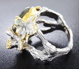 Серебряное кольцо с лабрадоритом, родолитом, желтым и зеленым сапфирами Серебро 925