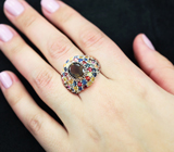 Превосходное серебряное кольцо с дымчатым кварцем и разноцветными сапфирами Серебро 925