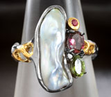 Серебряное кольцо с жемчужиной барокко, турмалином, родолитом и сапфиром Серебро 925