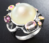 Серебряное кольцо с лунным камнем, родолитом, турмалином и розовыми сапфирами Серебро 925