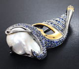 Серебряная брошь с жемчужиной барокко и синими сапфирами Серебро 925