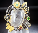 Серебряное кольцо с рутиловым кварцем, диопсидом, родолитом и изумрудом