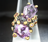Серебряное кольцо с аметистами авторской огранки и родолитами Серебро 925