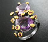 Серебряное кольцо с аметистами авторской огранки и родолитами Серебро 925