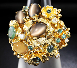 Золотое кольцо с хризобериллами, александритами и бриллиантами Золото