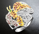 Серебряное кольцо «Бабочка» с родолитами и диопсидом Серебро 925