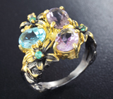 Серебряное кольцо с аметистами, голубым топазом и изумрудами Серебро 925