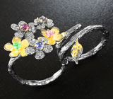 Серебряное кольцо на два пальца с танзанитом, розовым турмалином, иолитом, цаворитом и родолитом Серебро 925