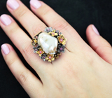 Серебряное кольцо с жемчужиной барокко, спессартином и розовыми сапфирами Серебро 925