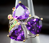 Серебряное кольцо с аметистами, цаворитами и сапфирами Серебро 925