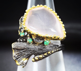 Серебряное кольцо с розовым кварцем и изумрудами Серебро 925