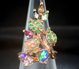Чудесное серебряное кольцо с кристаллическими опалами, разноцветными турмалинами и цаворитами Серебро 925
