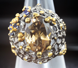 Серебряное кольцо с дымчатым кварцем и синими сапфирами Серебро 925