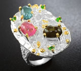 Серебряное кольцо с разноцветными турмалинами и цаворитами