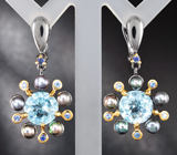 Серебряные серьги с голубыми топазами, цветным жемчугом и синими сапфирами Серебро 925