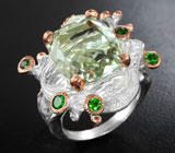 Серебряное кольцо с зеленым аметистом и диопсидами Серебро 925