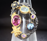 Серебряное кольцо с цветной жемчужиной, рубеллитом турмалином, голубым топазом и аметистам Серебро 925