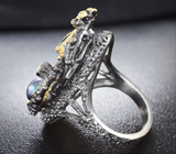 Серебряное кольцо с цветной жемчужиной, рубеллитом турмалином, голубым топазом и аметистам Серебро 925
