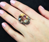 Серебряное кольцо с цветной жемчужиной, рубеллитом турмалином, голубым топазом и аметистам Серебро 925