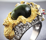 Серебряное кольцо cо скаполитом с эффектом кошачьего глаза и сапфирами Серебро 925