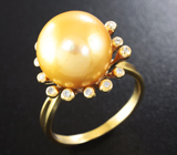 Золотое кольцо с крупной золотистой морской жемчужиной 14,13 карат и бриллиантами Золото