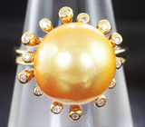 Золотое кольцо с крупной золотистой морской жемчужиной 14,13 карат и бриллиантами Золото
