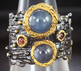 Серебряное кольцо с синими сапфирами и мозамбикскими гранатами Серебро 925