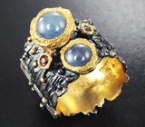 Серебряное кольцо с синими сапфирами и мозамбикскими гранатами Серебро 925