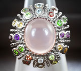Замечательное серебряное кольцо с розовым кварцем и самоцветами Серебро 925