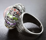 Замечательное серебряное кольцо с розовым кварцем и самоцветами Серебро 925