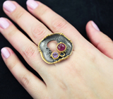Серебряное кольцо с рубином, аметистом и синим сапфиром Серебро 925