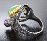Серебряное кольцо с пренитом, цветной жемчужиной и кристаллическим черным опалом Серебро 925