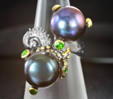 Серебряное кольцо с цветным жемчугом и диопсидами Серебро 925