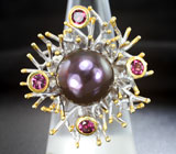 Серебряное кольцо с цветной жемчужиной и родолитами Серебро 925