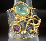 Серебряное кольцо с пренитом, родолитом и сапфиром Серебро 925