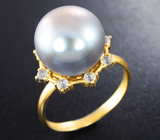 Золотое кольцо с крупной морской жемчужиной 11,77 карат и лейкосапфирами! Стальной люстр Золото