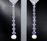 Элегантные серебряные серьги с жемчугом и синими сапфирами Серебро 925