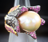 Серебряное кольцо с жемчужиной барокко, синим и розовыми сапфирами Серебро 925
