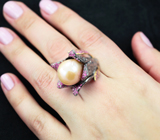 Серебряное кольцо с жемчужиной барокко, синим и розовыми сапфирами Серебро 925
