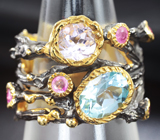 Серебряное кольцо с голубым топазом, аметистом и пурпурно-розовыми сапфирами Серебро 925