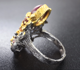 Серебряное кольцо cо звездчатым сапфиром, гранатами и желтым сапфиром Серебро 925