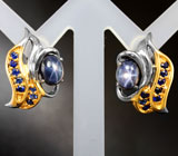 Серебряные серьги со звездчатыми и синими сапфирами Серебро 925