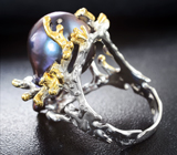 Серебряное кольцо с цветным жемчугом барокко и синими сапфирами Серебро 925
