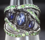 Серебряное кольцо со звездчатым, синими сапфирами и цаворитами Серебро 925