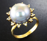 Золотое кольцо с крупной морской жемчужиной 11,22 карат и лейкосапфирами! Стальной люстр Золото