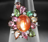 Праздничное серебряное кольцо с солнечным камнем и разноцветными турмалинами Серебро 925
