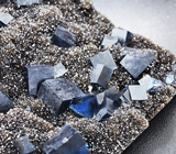Кристаллы темно-синего флюорита на щетке дымчатого кварца 